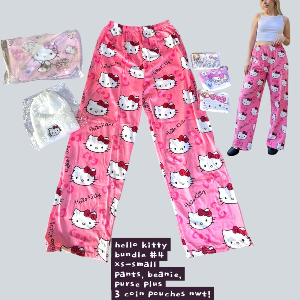 HELLO‎ KITTY PINK PAJAMA PANTS XS/S BUNDLE! #4 BEANIE, PURSE, 3 MINI ZIP WALLETS